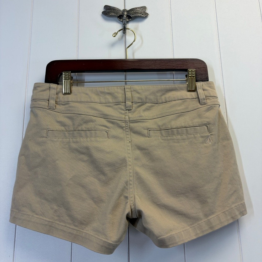 Volcom Y2K Micro Mini Chino Shorts Women Size 27 Khaki Skater Summer Minimalist - Picture 2 of 9